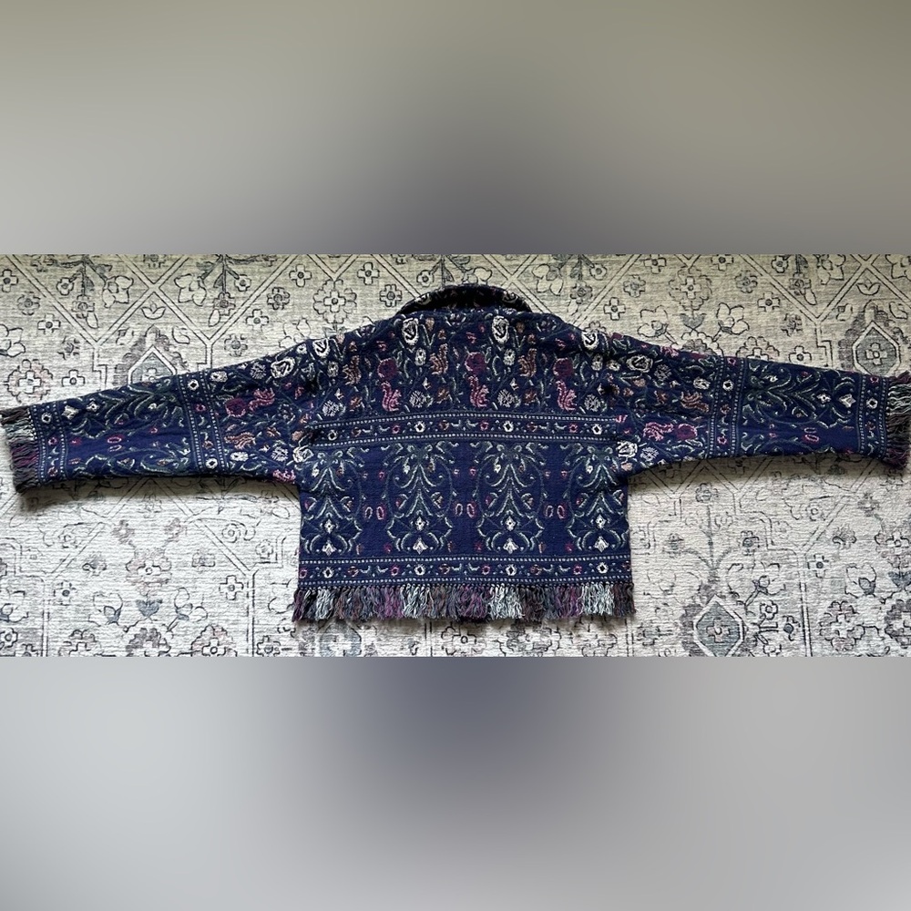 Handmade Upcycled Floral Blanket Jacket with Fringe - Picture 6 of 6